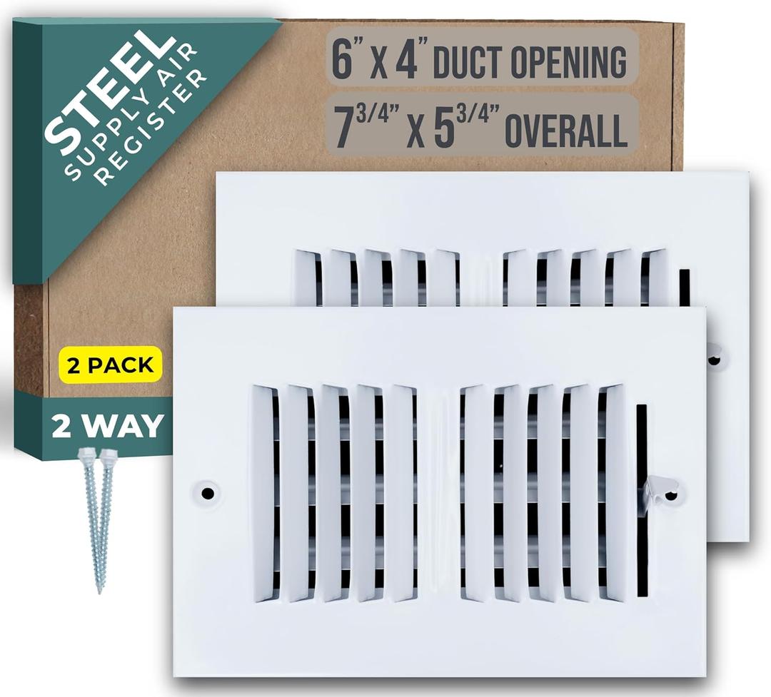 [2 Pack] Fits 6x4 Duct Opening 2 Way Steel Air Supply Diffuser by Handua | Register Vent Cover Grille for Sidewall and Ceiling | White | Outer Dimensions: 7.75" X 5.75"