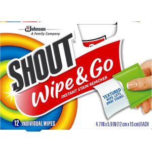 Shout Wipes Stain Remover for Clothes Laundry, Instant Stain Remover and Individually Wrapped, Travel Essentials, Works on Everyday Stains, 12 Wipes per Carton (1 Carton)