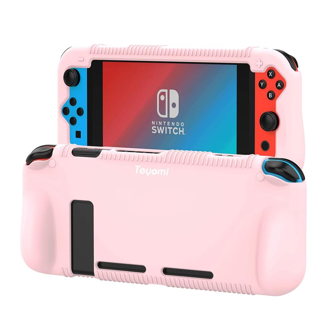 Teyomi Protective Silicone Case for Nintendo Switch, Grip Cover with Tempered Glass Screen Protector, 2 Storage Slots for Game Cards, Shock-Absorption & Anti-Scratch (Pink)