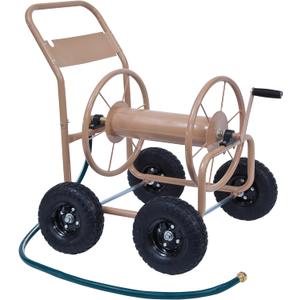 Liberty Garden Industrial 4 Wheel 300 Foot of 0.625 Inch Hose Steel Frame Water Hose Reel Cart for Backyard, Garden, or Lawn, Beige