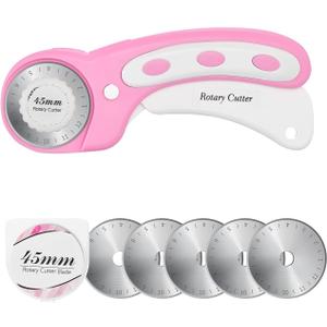 45mm Rotary Cutter with 5pcs Extra Blades, Ergonomic Handle Rolling Cutter with Safety Lock for Fabric, Leather, Crafting, Sewing, Quilting, Fabric Rotary Cutter Perfect for Left & Right Hand(Pink)