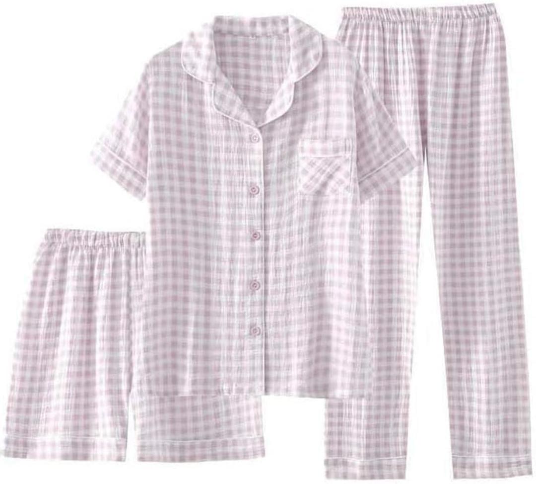Womens Gingham Pajama Sets 3 Piece Cotton Short Sleeve Button Down Shirts and Pants Lounge Set Pjs Sleepwear (Purple, S)