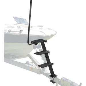 Boat Trailer Step, Heavy Duty Steel 3 Steps Ladder for Boat Trailer Tongue with Left or Right Adjustable Handrail, 450lbs Capacity, Black