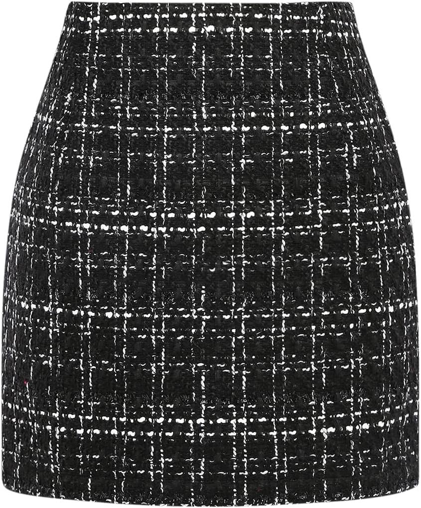 IDEALSANXUN Womens High Waist Plaid Skirt Bodycon Pencil Wool Mini Skirts (Medium, Tweed Black New)