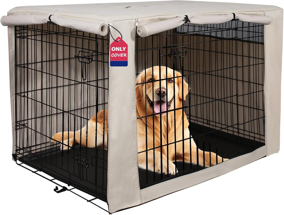 HiCaptain Dog Crate Cover 48.0" L x 30.0" W x 33.0" H with Breathable Mesh, Durable Heavy Duty Kennel Cover, Dual Zippered Panels, Windproof Waterproof UV-Resistant(Beige)