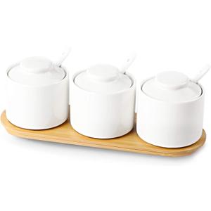 ONTUBE Ceramic Condiment Jar Set of 3 with Tray, Condiment Pot With Spoon and Lid, Seasoning Box,Sugar Bowl, 8oz (White)