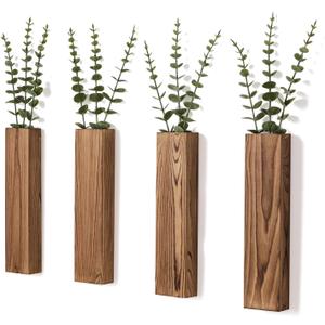 2 Pack Wooden Wall Planters with Fake Eucalyptus Stems, Modern Farmhouse Wood Vases Plants Wall Decor for Living Room, Bedroom, Bathroom (Dark Brown)