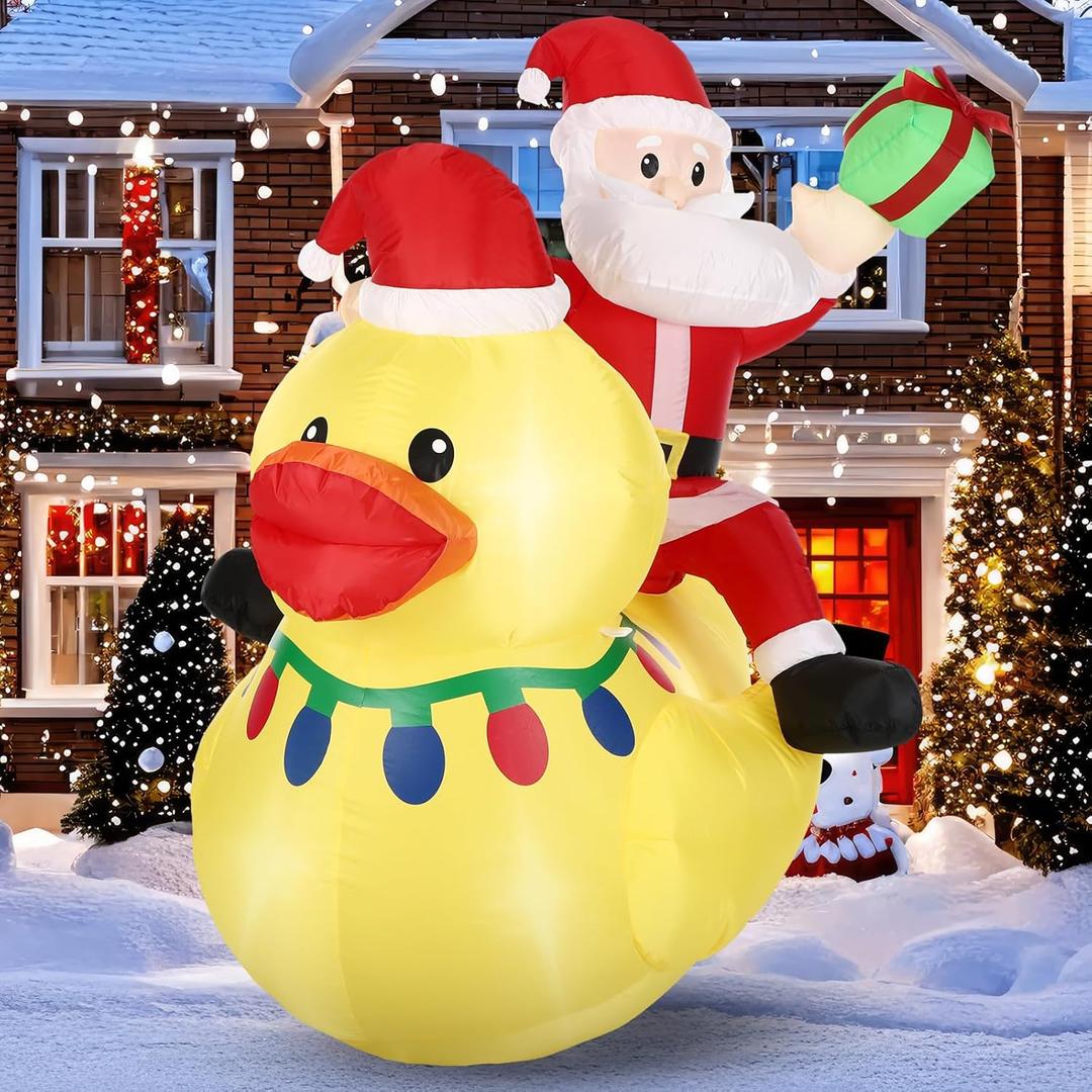 Leyndo 1 Set 5ft Christmas Inflatables Decoration Outdoor Santa Riding Duck Inflatables with Build-in Leds Lights Giant Blow up Duck with Santa Claus for Mall Garden Patio Lawn Indoor Party Xmas Decor