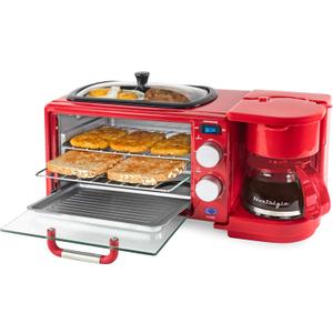 Nostalgia 3-in-1 Retro Breakfast Station - Includes 5 Cup Coffee Maker, Non-Stick Ceramic Griddle, and 4-Slice Toaster Oven - Built-In Timer, Reusable Coffee Filter, Space-Saving Design - Red