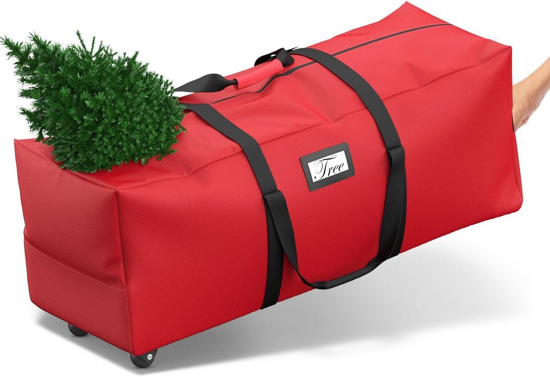 Mrrihand Christmas Tree Storage Bag, Large Artificial Anti-Tear Heavy-Duty 600D Oxford Cloth Xmax Christmas Tree Storage Box with Rolling Wheels, Christmas Tree Storage Container (Red, 7.5Ft)