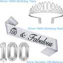 100th Birthday Decorations for Women Silver with 100th Birthday Sash and Tiara, Cake Topper and Candles, Silver Number Balloons, 100 Year Old Gifts for Women