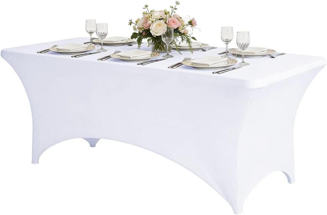 CWK 6FT Stretch Spandex Table Cover for Rectangular Tables - Elastic Fitted Tablecloth for Folding Tables, Wrinkle Resistant, Durable Table Protector for Parties,Weddings,Banquets &Events (White)