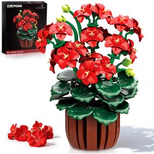 Flowers Geranium Botanicals Building Set - Artificial Bonsai Plants for Home Office Decor Display 548PCS Geranium Flowers Pot Building Blocks for Adults Women Age 12+ Gift for Valentine's Day
