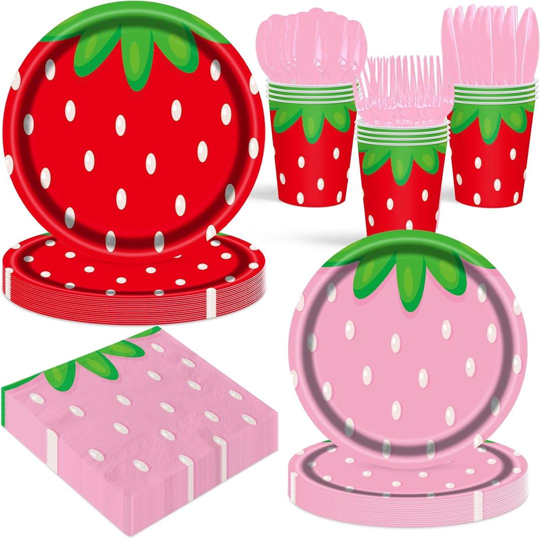 80 Pcs Strawberry Party Plates Napkins Forks Summer Fruit Tableware Set Disposable Strawberry Theme Decoration for Girls, Serves 16 Guests