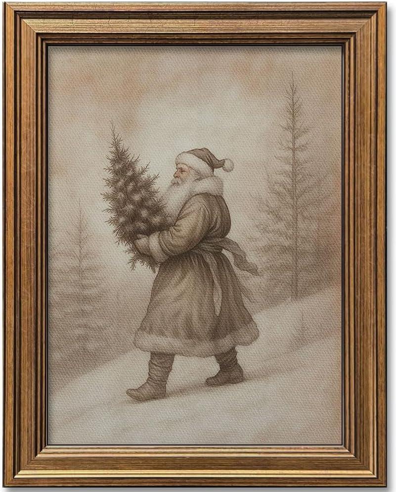 Vintage Christmas Decor Farmhouse Wall Art Gold Framed Rustic Winter Landscape Santa Pictures Painting for Home Living Room Decor (Santa, 20L" x 16W")