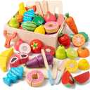 Wooden Play Food for Toddlers - 34Pcs Velcro Fruit and Veggies with Basket & Chopping Board, Play Food Sets for Kids Kitchen Accessories, Cutting Fruit Set for Ages 3+