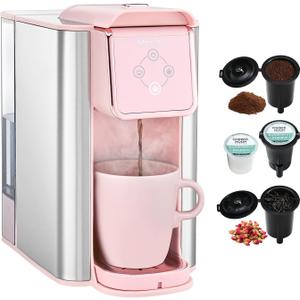 Mecity Pink Coffee Maker 3-in-1 Single Serve Coffee Machine, For Flat Bottom Coffee Capsule, Ground Coffee, 6 to 10 Ounce Cup, Removable 50 Oz Water Reservoir, 120V 1150W (50 fl.Oz)