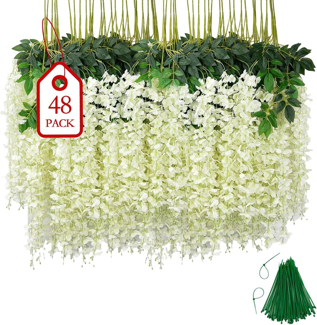48 Pcs of Wisteria Hanging Flowers, 3.75 Ft Fake Flower Strings, Artificial Wisteria Flowers Hanging Garland for Backdrop, Wedding, Ceremony, Garden and Home Wall Decoration(White)