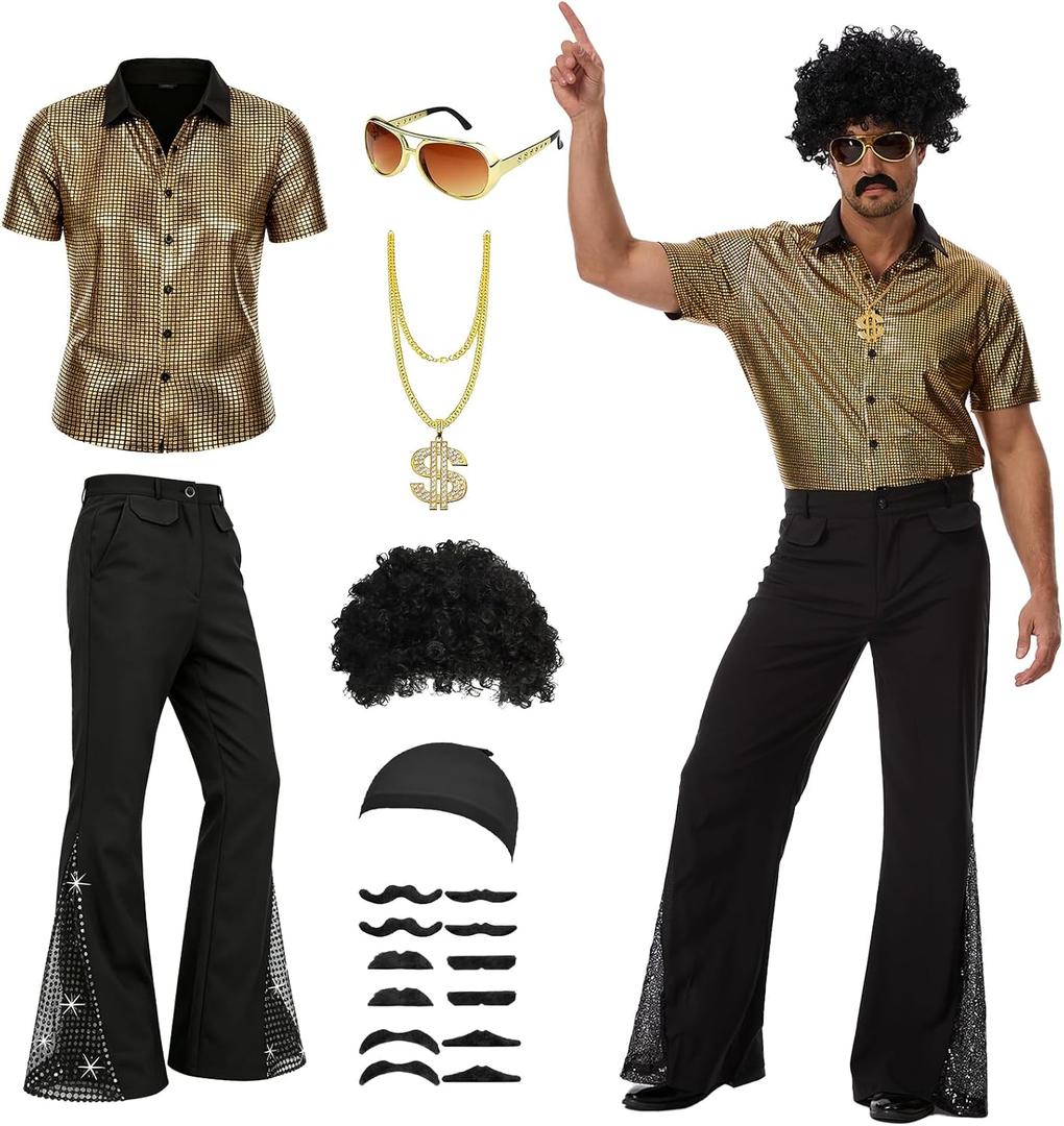 YIGMAW 70s Outfits for Men,7 pcs Disco Costume set(Gold, M)