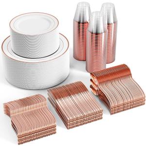 FOCUSLINE 600 Ct Rose Gold Dinnerware Set for 100 Guests - Rose Gold Rimmed Disposable Plastic Plates, Includes 100 Dinner & Salad Plates, Cups, Cutlery Set for Wedding Parties