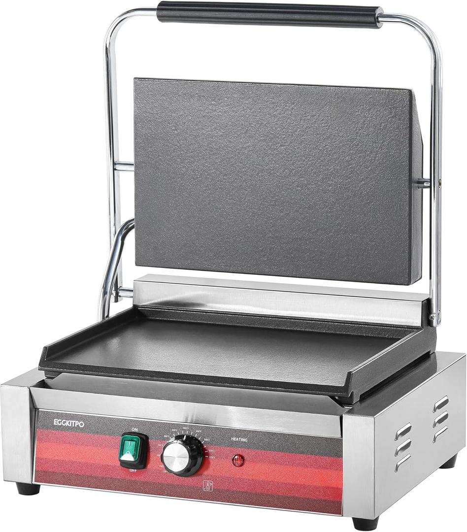 EGGKITPO Commercial Electric Panini Grill with Flat Plates Stainless Steel Sandwich Maker 14"× 9.5" Cast Iron Enamel Plate Countertop Panini Press with Temperature Control for Business 110V 1700W