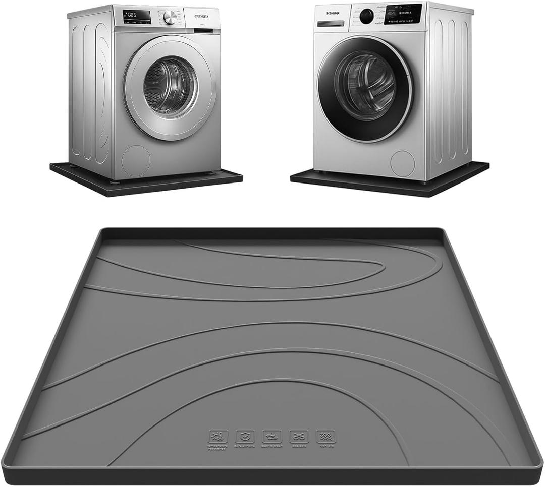 Washing Machine Drain Pan Silicone mat,Large 26.5" X 26.5" Non-Slip Waterproof Washer Drip Tray, Raised Edge Drip Mat for Under Dryer or Washer, Anti-Vibration,Floor Leak Protector for Laundry Room (Grey)