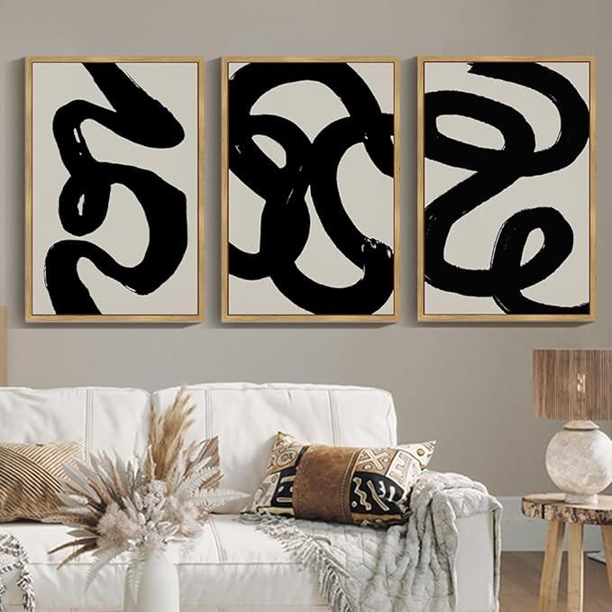 PHOPAGO Black Abstract Wall Art Large 24x36in Ink Wash Minimalist Lines Framed Canvas Painting Artwork Living Room Bedroom Home Decor Natural Framed