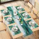 Emerald Green Gold Marble Table Runner and Placemats Set of 6, Agate Teal Stone Abstract Dining Decor for Daily Use(1 Table Runner 72 inches Long and 6 Placemats)