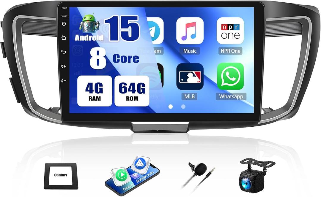 [4G+64G] 8-Core Qualcomm Android 15 Car Stereo for Honda Accord 9th 2013 2014 2015 with CarPlay & Android Auto& Mirror Link,10.1" Car Radio with Bluetooth5.1 GPS WiFi FM/RDS DSP EQ SWC+Backup Camera