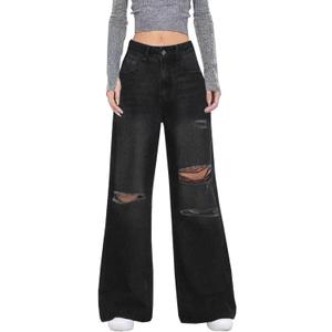 Distressed Wide Leg Jeans for Women High Waisted Loose Ripped Boyfriend Jeans Y2K Stretch Denim Pants (Black, XXL)