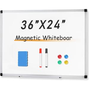 White Board, 36" x 24" Dry Erase Board for Wall, Small Whiteboard with Frame Magnet Board for Office, Home, Classroom, Conference Room with Markers, Magnets, Eraser