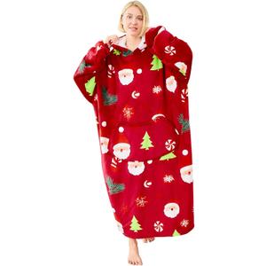 Moinlizy Wearable Blanket Hoodie, Long Thick Hooded Blanket Oversized for Adults Women Men with Pocket and Sleeves (Red Xmas)