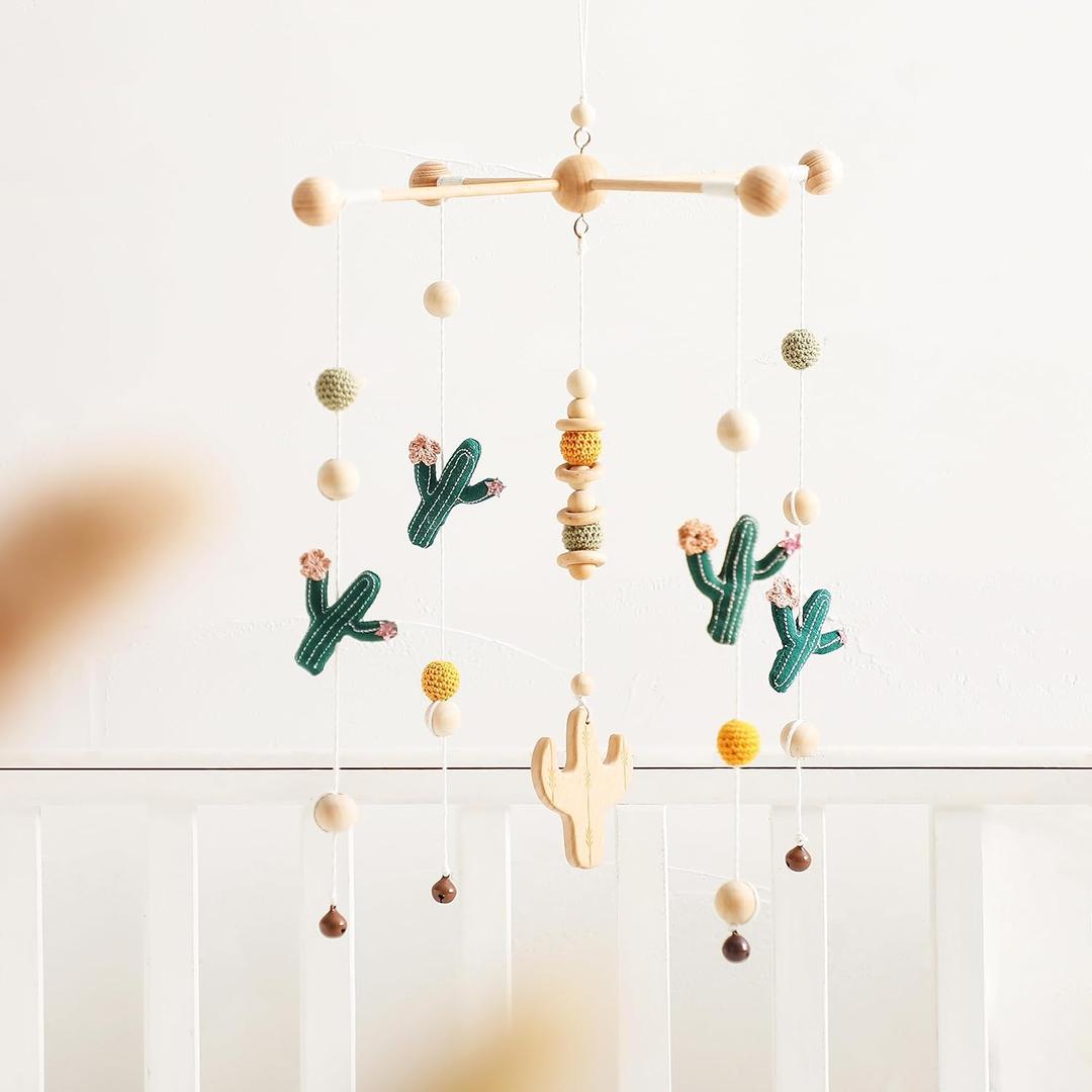 Baby Crib Mobile Cactus Nursery Mobiles Handmade Nordic Style Wooden Nursery Decoration Baby Photography Props Newborn Gift (Green Series)