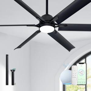 60 Inch Outdoor Ceiling Fans with Lights and Black Aluminum Blades,Smart Ceiling Fan with Alexa APP Remote Control,6 Speed,Dimmable,Slient DC Motor Large Indoor fan for Living Room,Bedroom