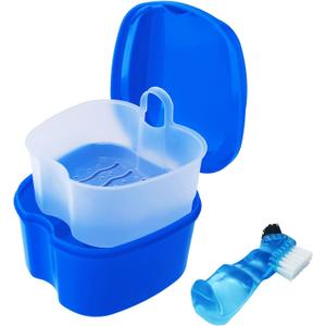Dental Retainer Cup Holder Mouthguard Cleaning Case with Strainer Basket, Denture Bath Box Storage Cup Holder for Travel Cleaning - Dark Blue