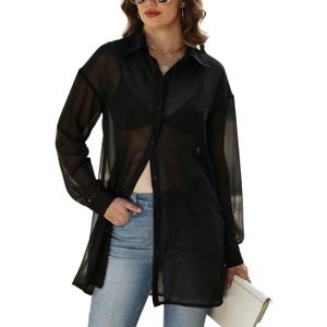 Gihuo Women s Sheer Blouse Mid Long Button Down Shirt Mesh Shirt Sexy See Through Top (Black)