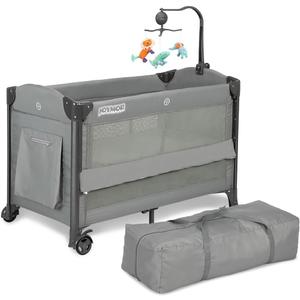 JOYMOR Baby Bassinet, Pack and Play with Bassinet and Carry Bag, Convert to Bedside Sleeper with Wheels for Boys Girls (Gray)