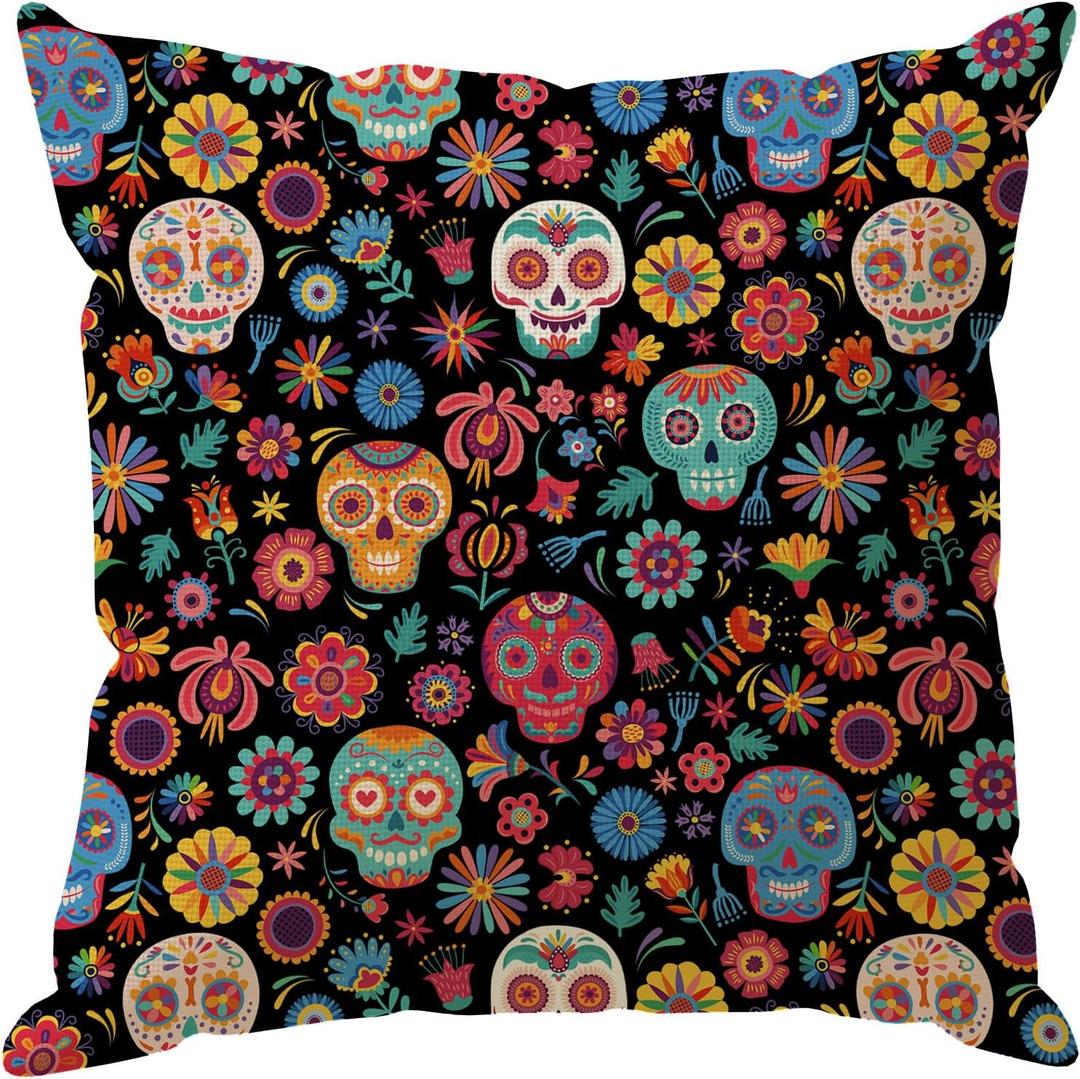 Dia De Los Muertos Pillow Cover Sugar Skull Colorful Flowers Day of The Dead Mexican Throw Pillow Case Decorations for Farmhouse Home Bedroom Sofa Couch Outdoor Holiday Decor 16x16 Inch
