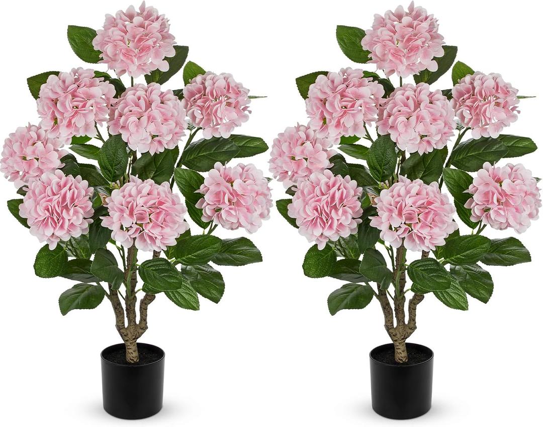 3FT Pink Hydrangea Artificial Flowers Tree 2 Pack Large Real Touch Faux Silk Hydrangea Plants Potted Fake Flower in Black Pot for Home Indoor Outdoor Front Porch Garden Entrance Living Room Decor