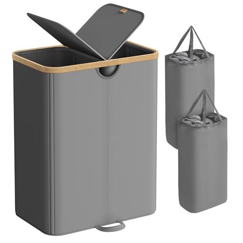 SONGMICS Laundry Hamper with Lids, Laundry Basket with 2 Compartments, 39 Gal. (150 L), Removable Liner Bag, for Laundry Room, Bedroom, Living Room, Slate Gray and Light Bamboo ULCB523G01