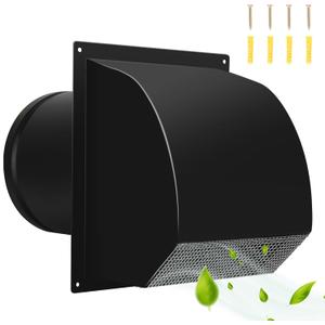 8 Inch Hooded Wall Vent with Screen& Damper, Arc-Shaped Wall Exhaust Vent Cover Cap Suit for Residential Housing, Kitchen Range and Outside Air Exhaust, Galvanized Steel, Black