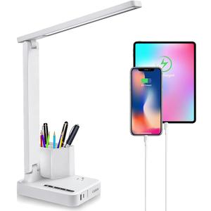 COZOO LED Desk Lamp with 2 USB Charging Ports,Type C Port,1 AC Outlet,2 Pen Holders,3 Color Temperature 3 Brightness Level,Touch/Memory/Timer,10W Eye Protection Foldable Reading Light,Study Lamp-White