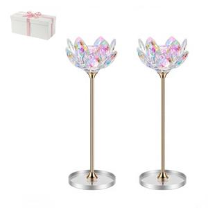 Crystal Candle Holders Set of 2, Lotus Flower Candlestick Holders with Mirror Base, Metal Stand, Elegant Table Centerpieces for Home Decor, Wedding, Party (Taper Candle)