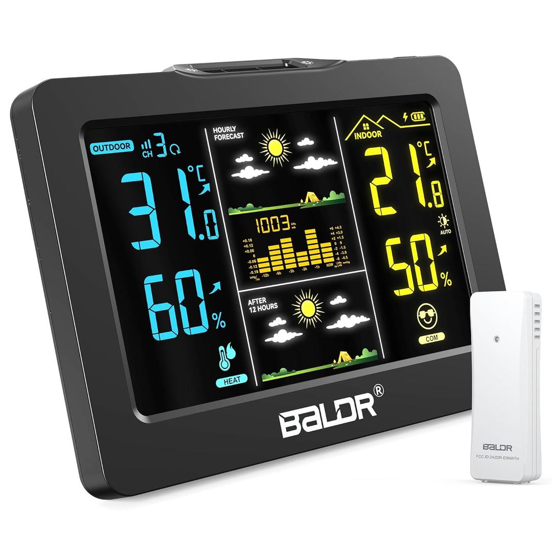 Wireless Weather Station with Outdoor Sensor, Indoor Outdoor Thermometer Hygrometer, HD Color Display, Smart Backlight, Rechargeable Battery Temperature Humidity Monitor (Black)