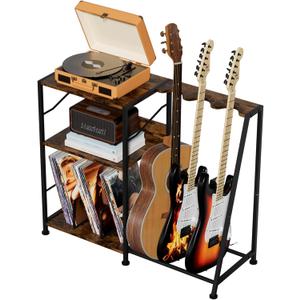 Hosfais Record Player Stand, 3 Tier Guitar Stand for Acoustic, Electric Guitar, Bass Stand, Vinyl Record Storage Up to 200 Albums, Brown Records Shelf for Living Room Bedroom (Rustic Brown)