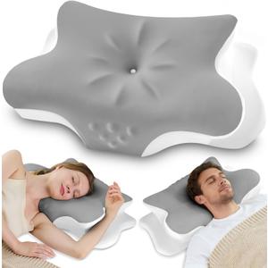 Cervical Neck Pillow for Pain Relief  Ergonomic Memory Foam Pillow for Side Sleeper Contour Orthopedic Bed Cooling Pillow for Neck Support  Ideal Christmas Birthday Gift for Women Men - Grey (Queen)
