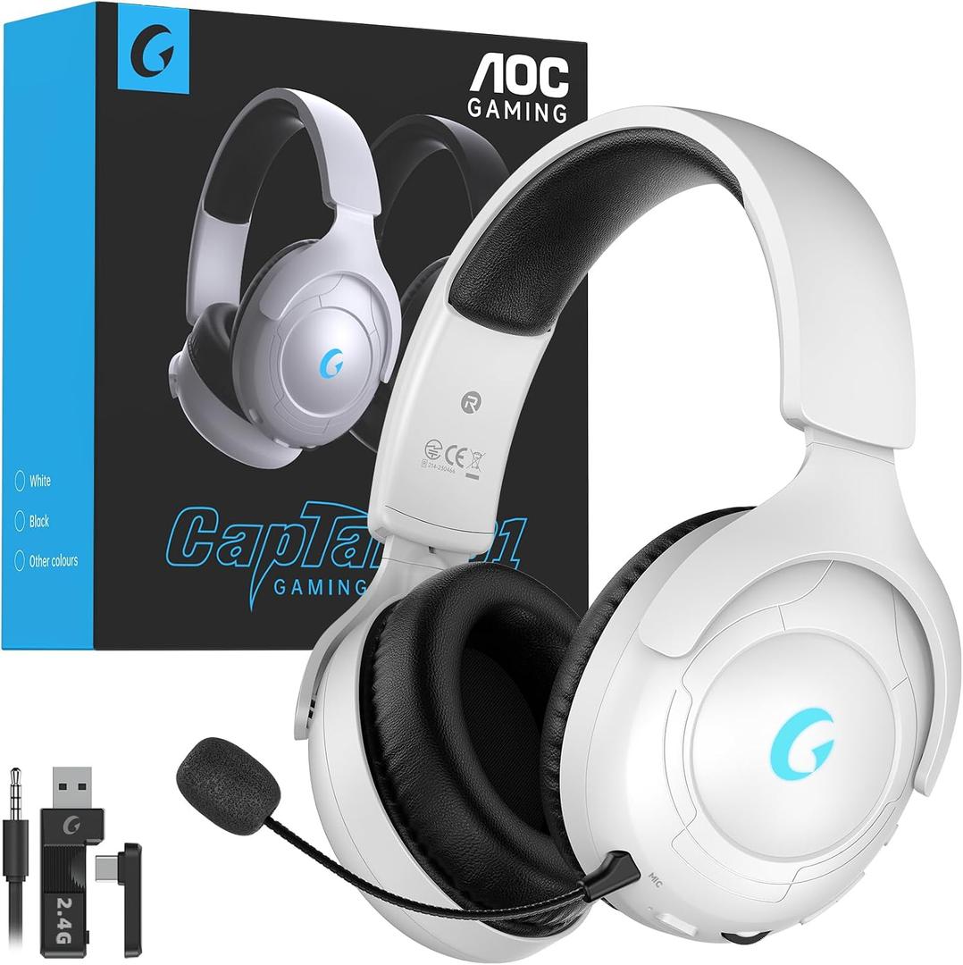 AOC Wireless Gaming Headset for PS5, 2.4GHz Gaming Headset with Mic, 45H Playtime, Immersive Surround Sound, Noise Cancelling Gaming Headphone for PS5, PC & Switch, Xbox with 3.5mm Cable - White