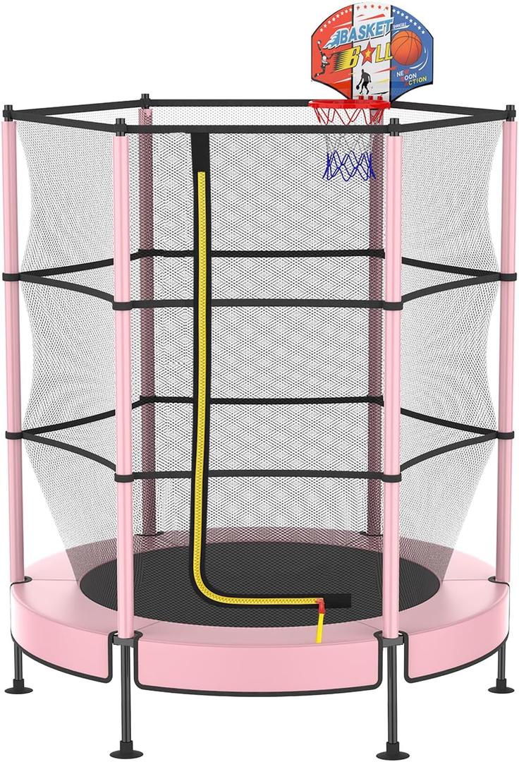 LANGXUN 60" Trampoline for Kids with Basketball Hoop, 5ft Indoor Outdoor Toddler Mini Trampoline with Raised Safety Net - Birthday Gifts for Boys and Girls, Christmas Toys for 3-10 Years Old (Pink)