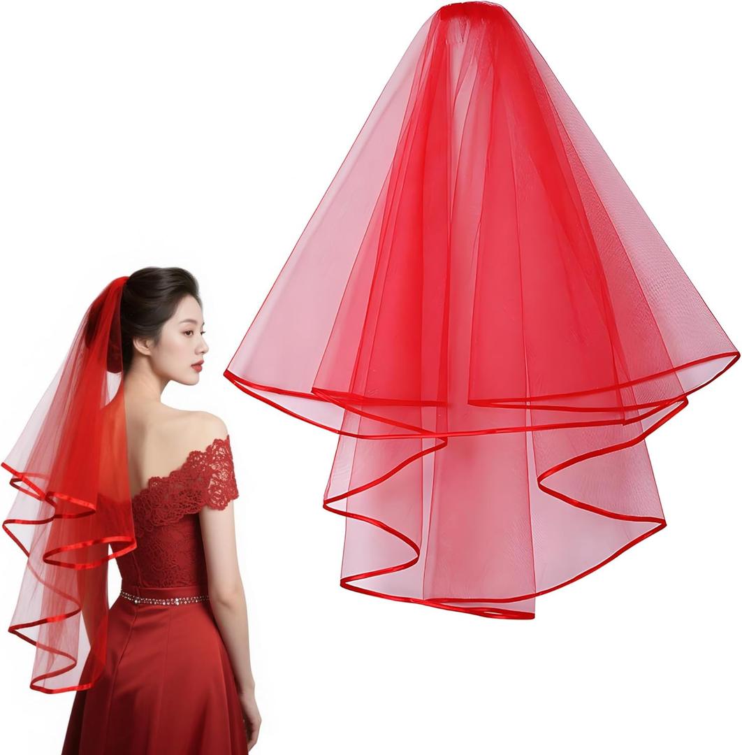 3 x Wedding Veil for Brides, 2 Tier Tulle Cathedral Bridal Veil with Comb for Women Wedding Bachelorette Party Halloween Costume, Red (Red)