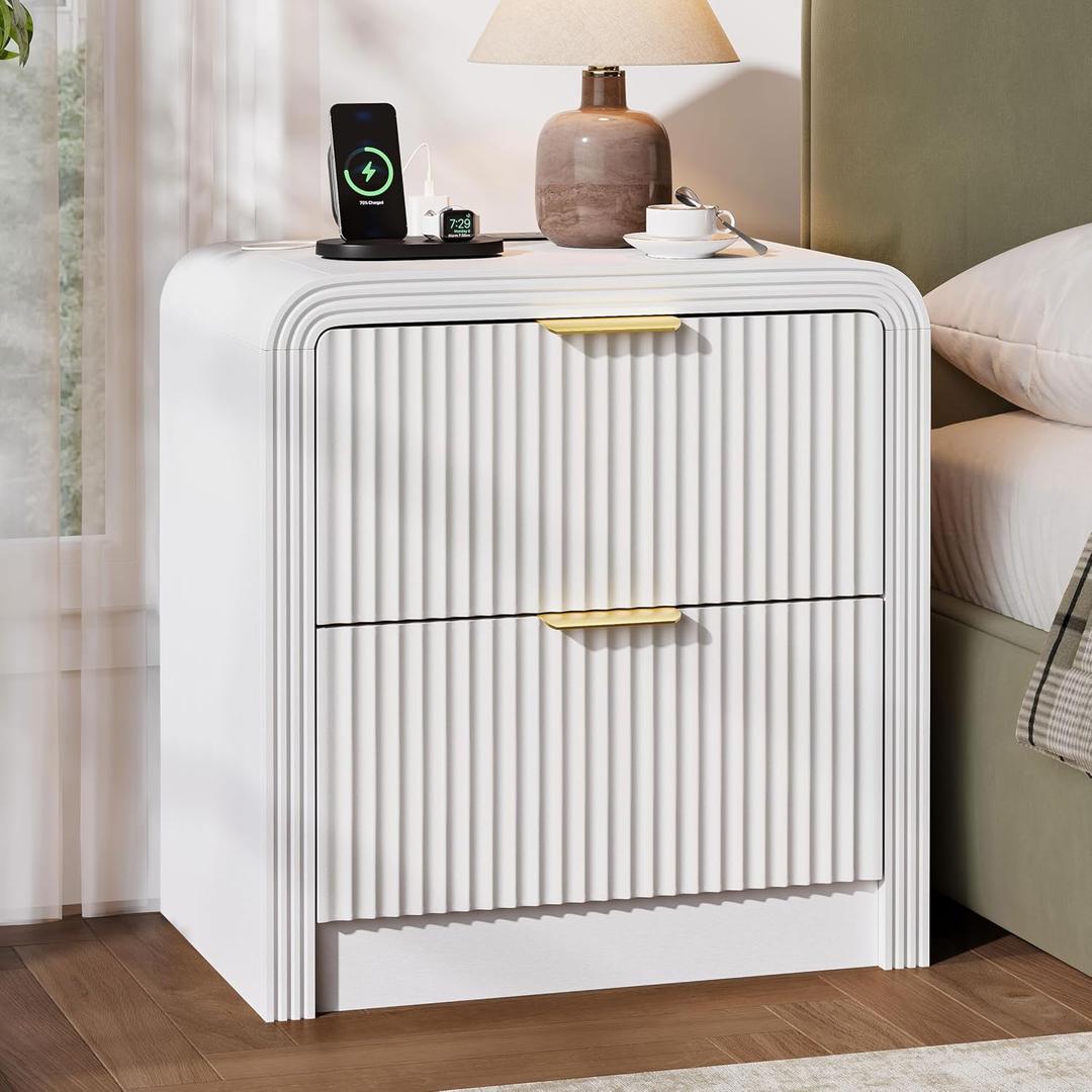 Decofy 23'' Wide Fluted Nightstand with Charging Station, White